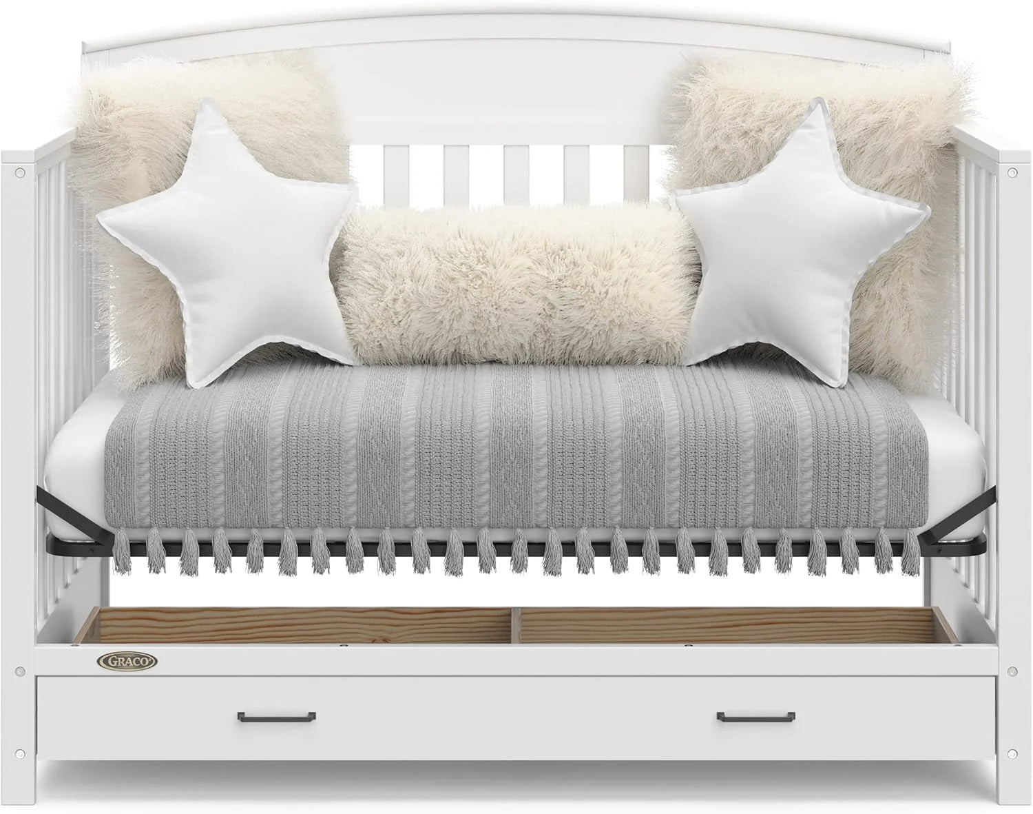 5-in-1 Convertible Baby Bed (with drawers, white) - Green Guardian Gold Certification, built-in baby bed storage drawer, convertible to toddler bed, day bed and full-size bed