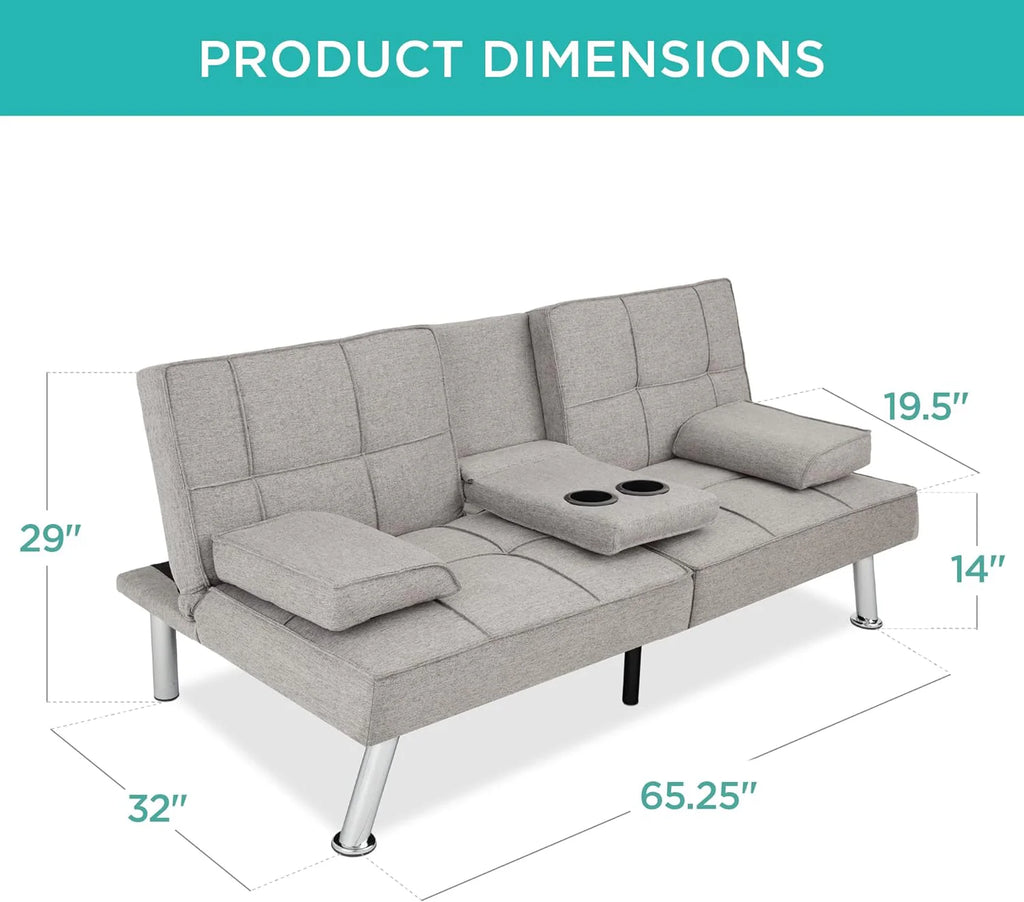 Best Choice Products Linen Upholstered Modern Convertible Folding Futon Sofa Bed for Compact Living Space, Apartment, Dorm, Bonus Room w/Removable Armrests, Metal Legs, 2 Cupholders - Gray