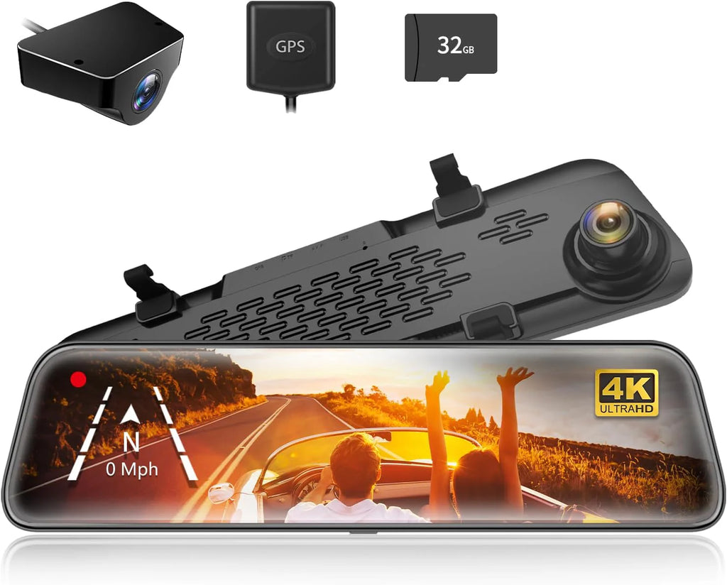 12 4K Mirror Dash Cam Backup Camera, 2160P Full HD Smart Rearview Mirror for Cars & Trucks, Front and Rear View Dual Cameras, Night Vision, Parking Assistance, Free 32GB Card & GPS