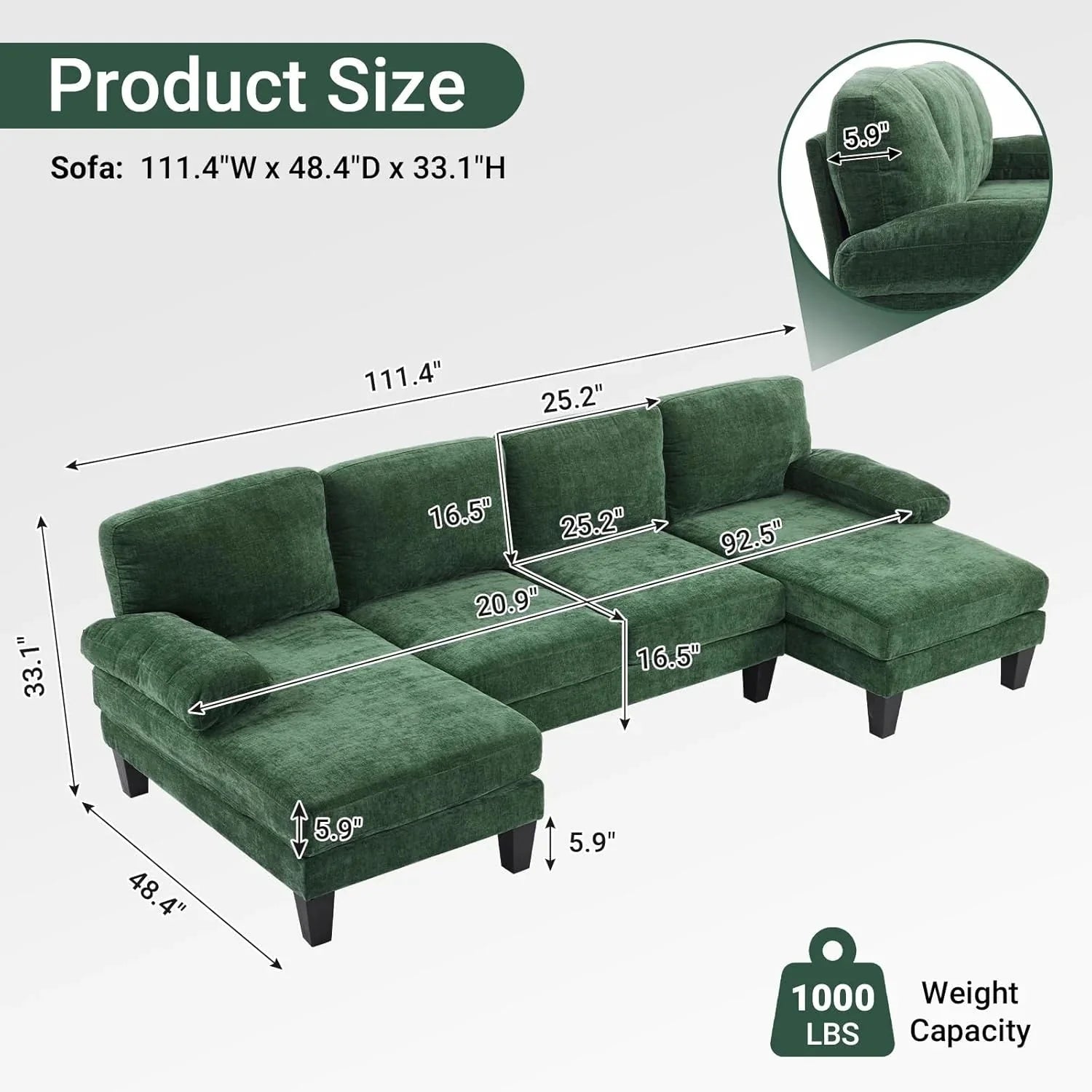 VINGLI 110 Sectional Couches for Living Room,U Shaped Couch with Double Chaise, 4-Seat Sofa Set with Chenille Fabric for Home Furniture,Beige
