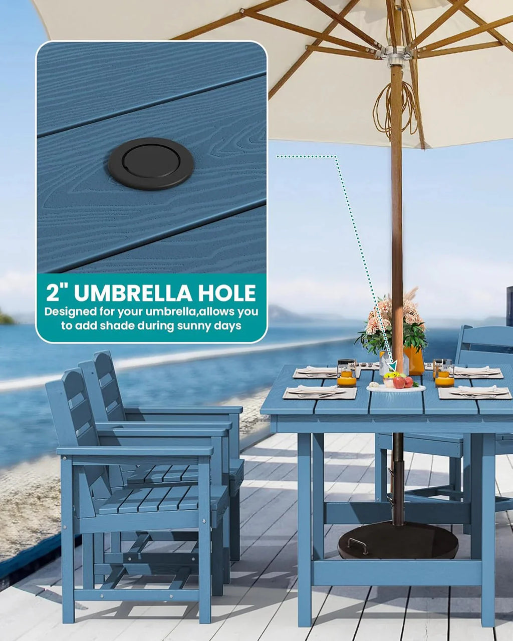 SERWALL 7-Piece Patio Table Set, Outdoor HDPE Dining Furniture with Umbrella Hole, All Weather Table and Chairs for Lawn, Garden, Poolside, Aruba