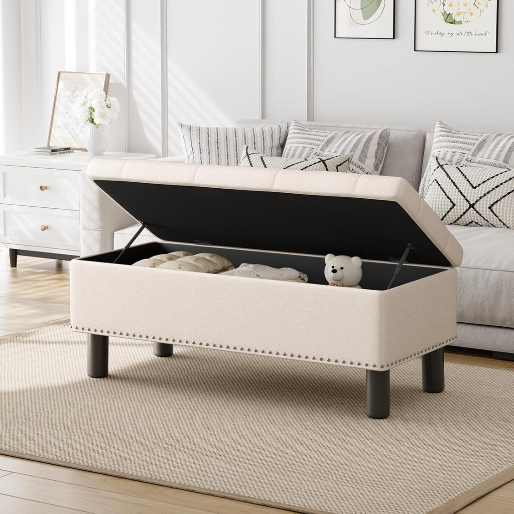 Furniliving Modern Storage Ottoman Bench, Sherpa Ottoman End of Bed Bench with Solid Wood Legs Upholstered Ottoman Benches with Storage Indoor Bench for Living Room with Rolled Arm, Entryway, White