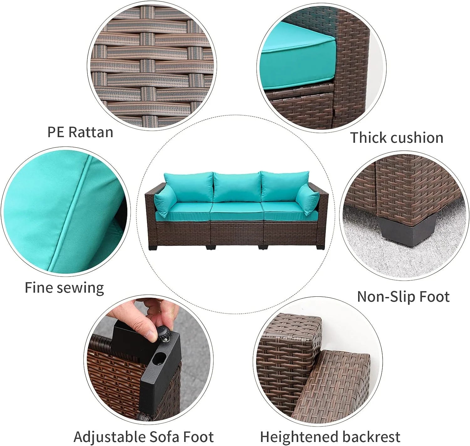 WAROOM Patio Couch PE Wicker 3-Seat Outdoor Brown Rattan Sofa Deep Seating Furniture with Non-Slip Beige Cushion