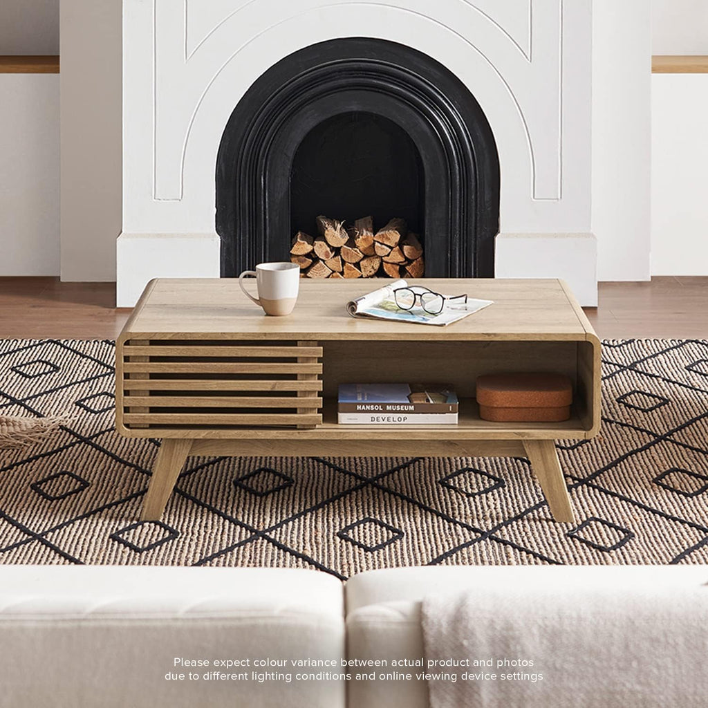 Mopio Ensley Mid Century Modern Rectangle Coffee Table with Dual Storage Shelf, Wood Slat Sliding Door, & Rounded Edge Protection for Living Room, Walnut Grain