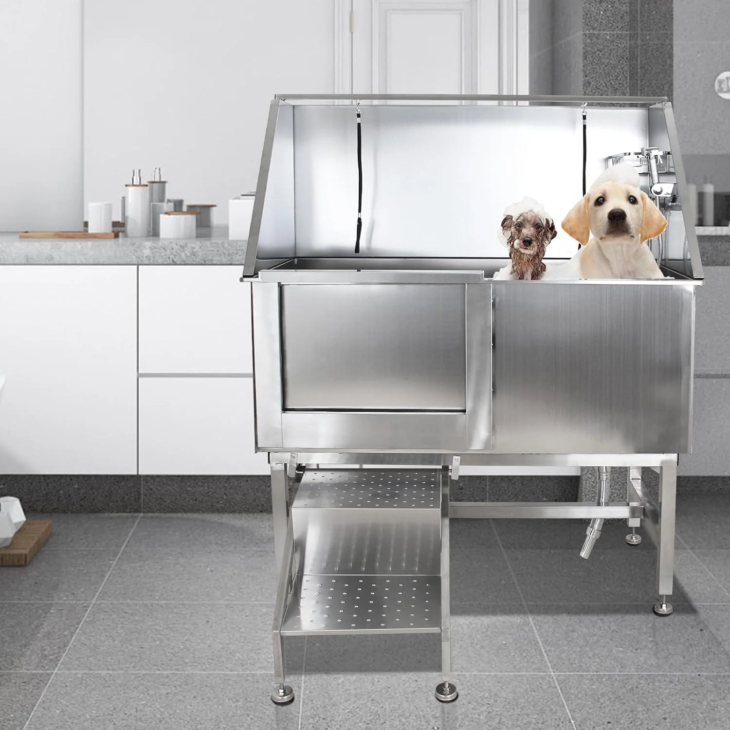 50 Dog Wash Bathtub, Pet Wash Station, Professional Stainless Steel Dog Grooming Tub with Ramp, Faucet, Sprayer, Drain Kit, Right Door