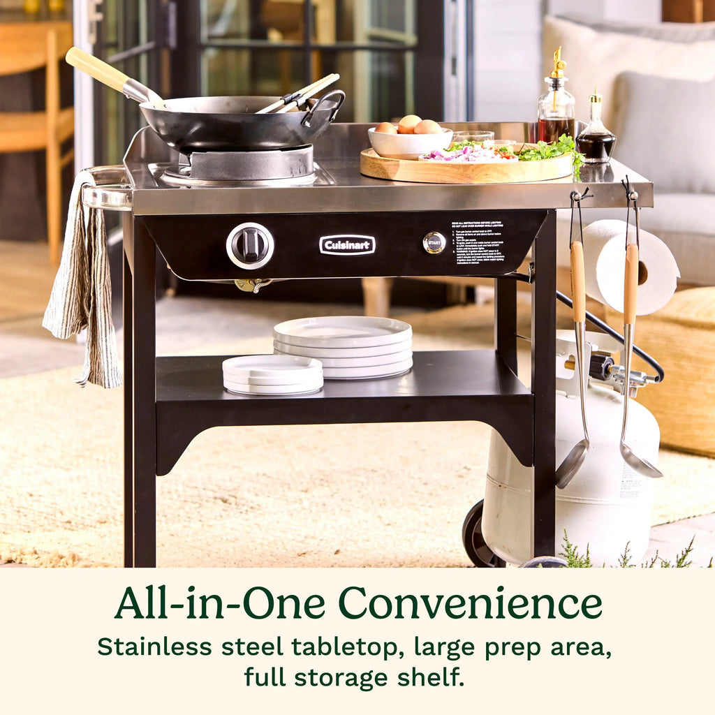 Cuisinart Outdoor Wok Station, 50,000 BTU Propane Outdoor Wok Burner w Prep Table, 14?测?? Carbon Steel Wok for Stir Fry, Searing, BBQ ?? Black