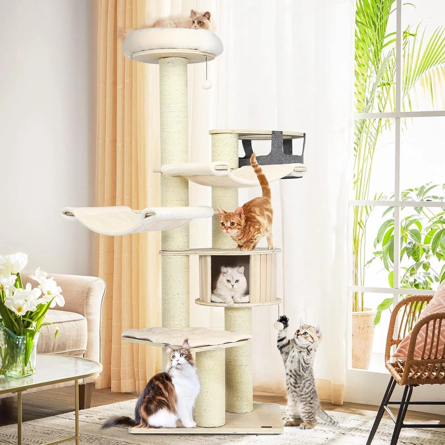 Large cat tree, multi-level tower with sisal posts, hammock, hanging basket and removable washable mats, perfect for large cats