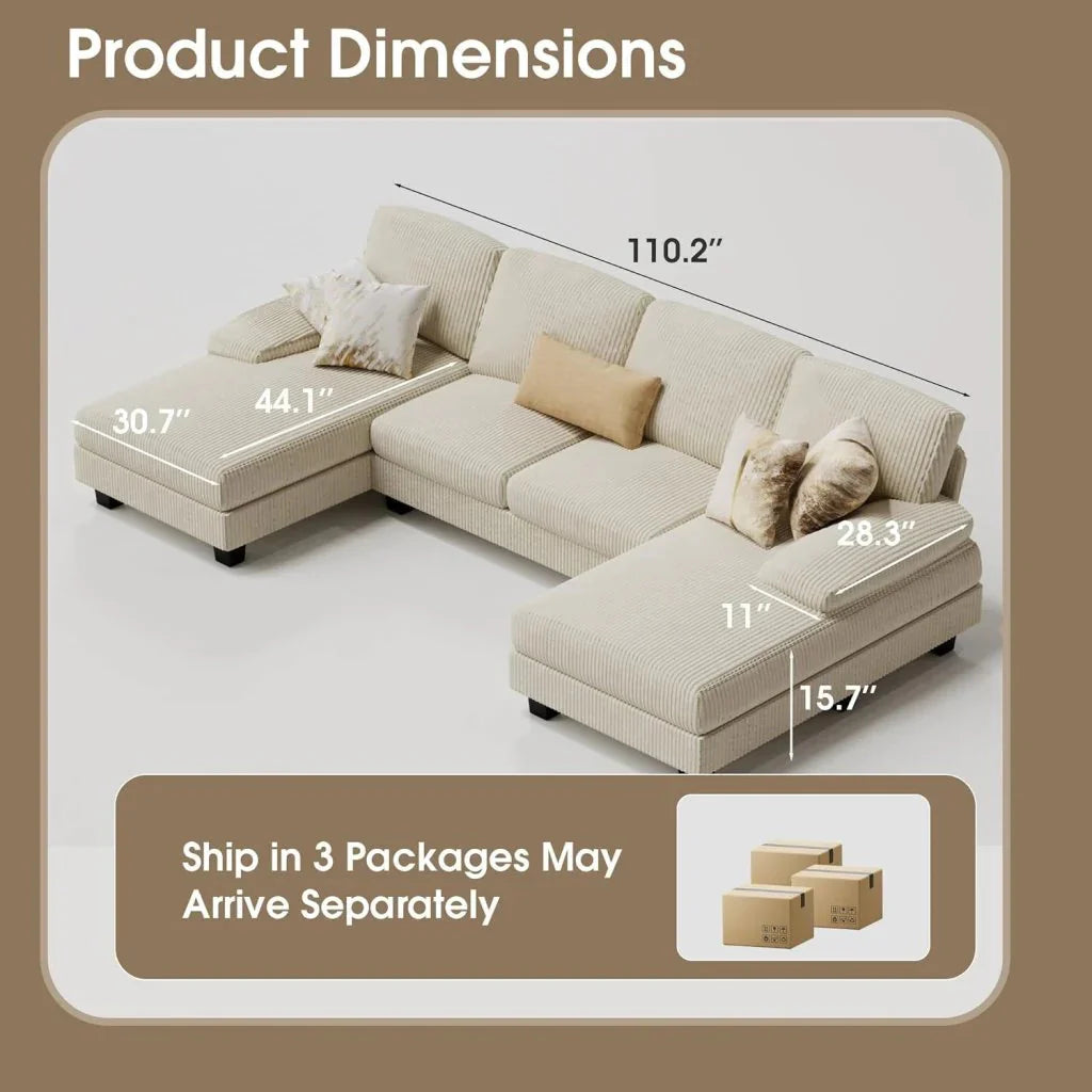 Furmax Sectional Couches for Living Room, U-Shaped Sofa Couch with Linen Fabric, 4 Seat Sofa Set with Double Chaise for Apartment (Fabric, Grey)