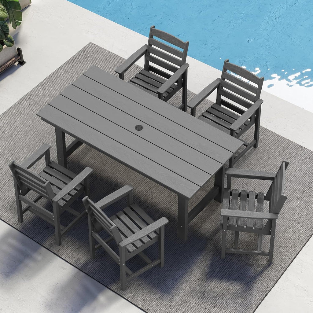 SERWALL 7-Piece Patio Table Set, Outdoor HDPE Dining Furniture with Umbrella Hole, All Weather Table and Chairs for Lawn, Garden, Poolside, Aruba