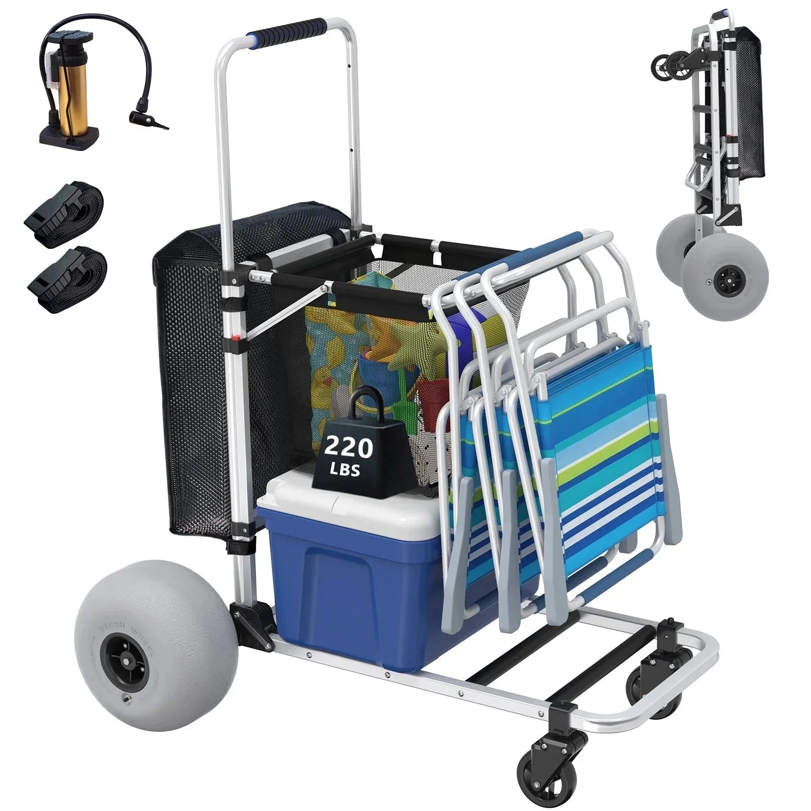 GDLF Foldable Beach Cart with Adjustable Handle and 12 Balloon Wheels, Heavy Duty Aluminum 220LBS Capacity
